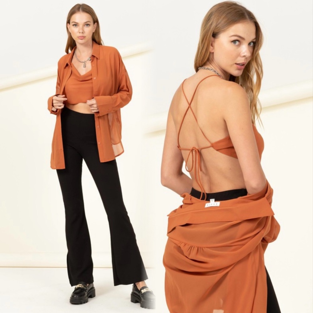 Rust matching crop and button down long sleeve top set